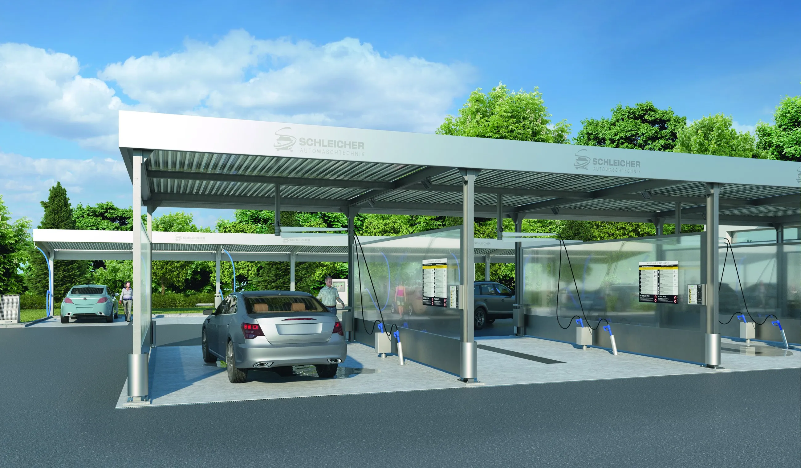 Covered Schleicher self-service wash bays with cars