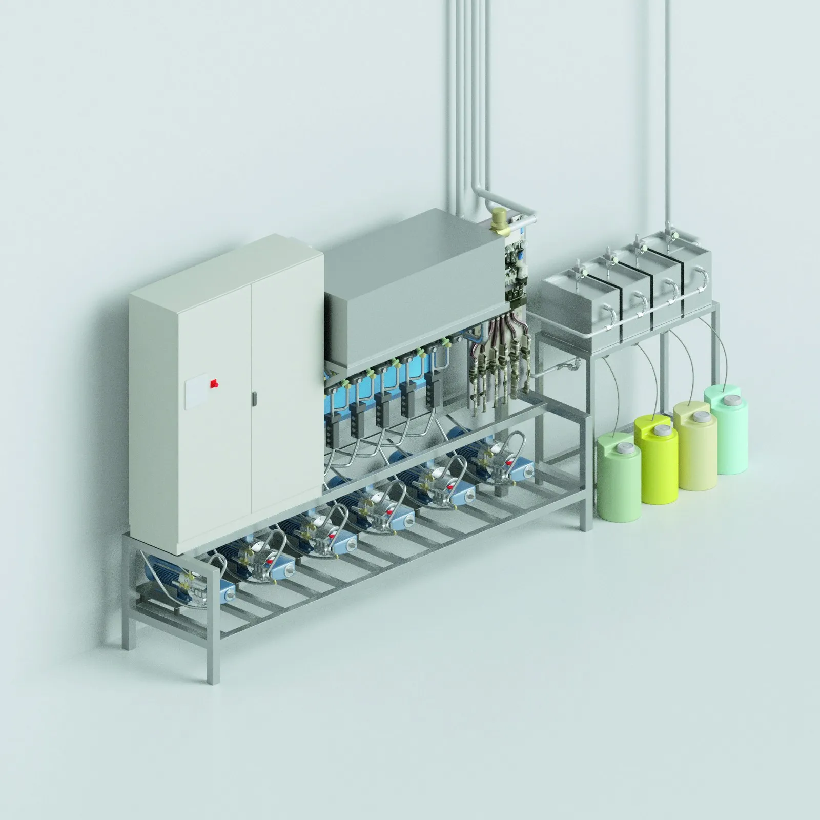 Self-service technology on a stainless steel frame with control cabinet, pumps and chemical containers