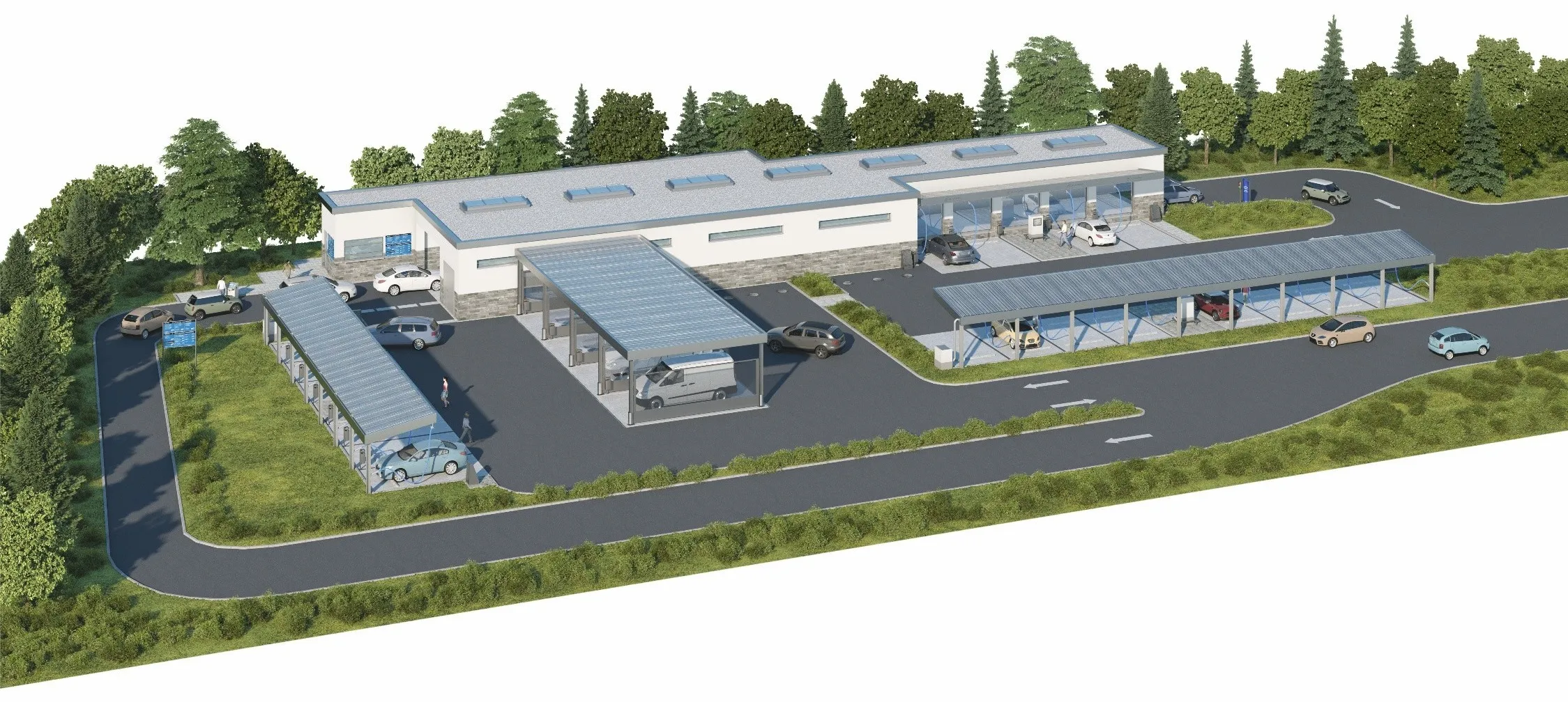 Aerial view of a complete car wash park with car wash, self-service bays and vacuum stations